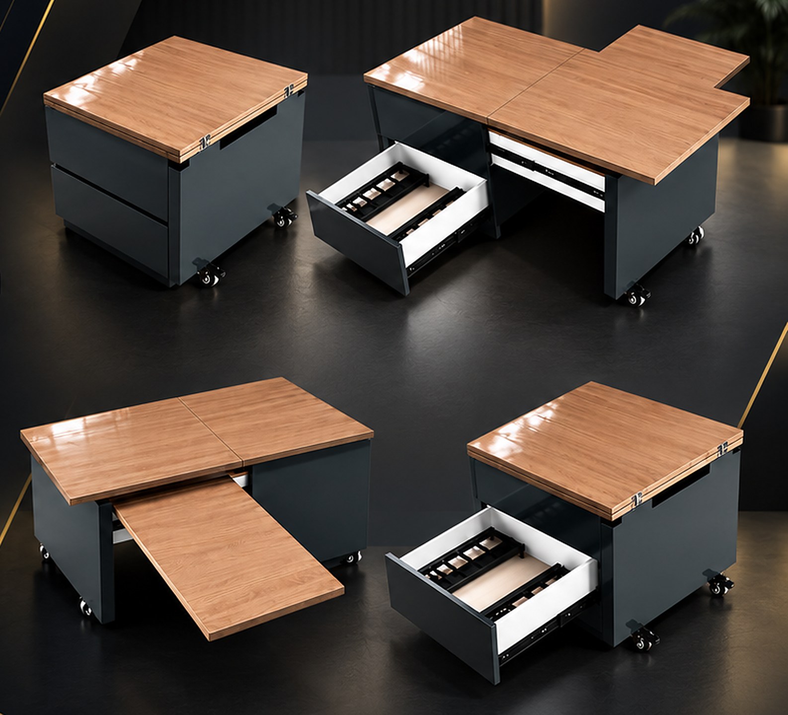 COFTA in four states: closed, drawer open, extension board and expanded
